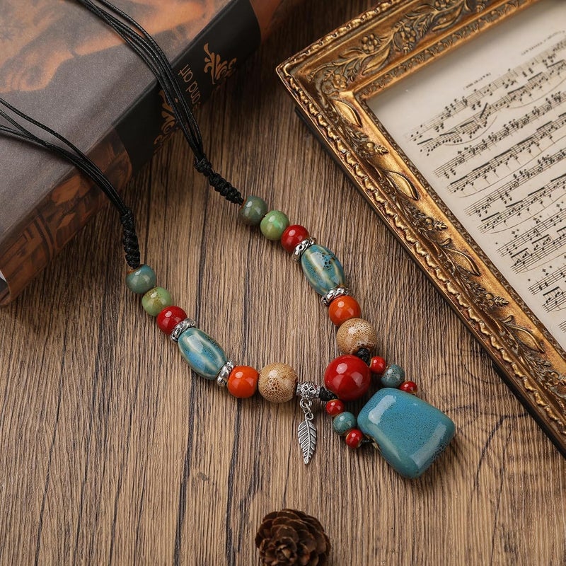 DS Boho Beaded Necklace for Women–Colorful Ceramic & African Tribal Beads, Adjustable Long Chunky Bohemian Jewelry with Gift Box Packaging,Hippie Witchy Vintage Handmade Fashion Statement Necklace - Image 3
